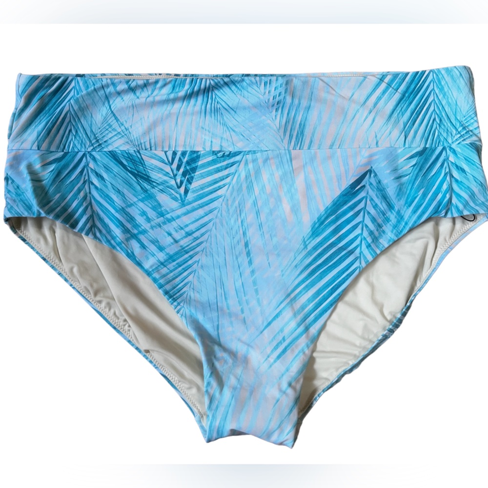NEW! CALIA Swim mid rise wide band bottom in soft palms blue. Size 1X